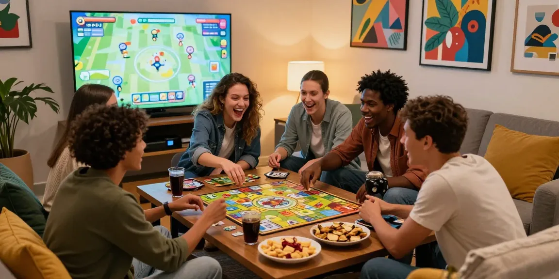 Friends enjoying cermin303 board games in a cozy living room setup.