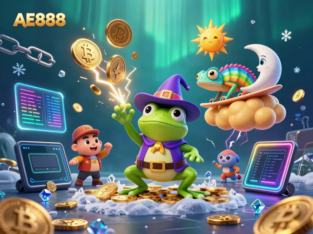 Engage with AE888's thrilling casino experience filled with vibrant characters and crypto elements.