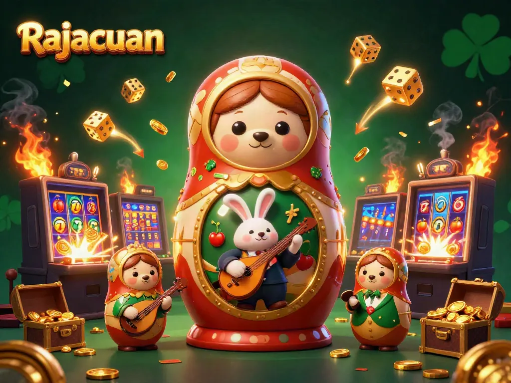 Rajacuan memperlihatkan kartun 3D yang menggoda dengan simbol kasino dan cahaya berkilau.
