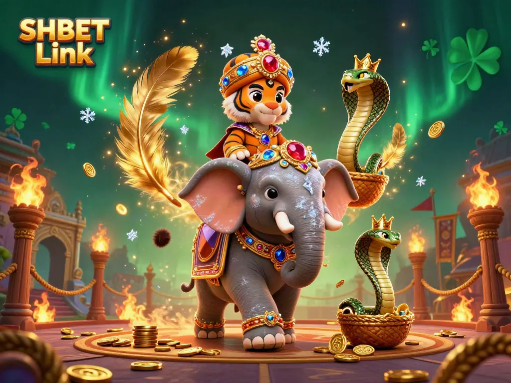 Engage in dynamic gaming at SHBET Link with an exotic maharaja and elephant surrounded by casino elements.