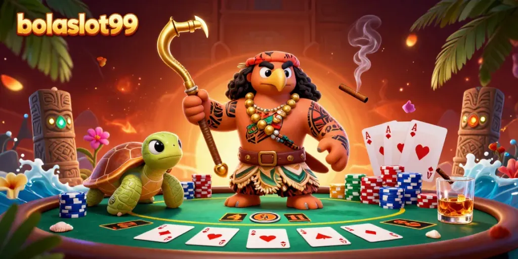 Experience the thrill of bolaslot99 with a dynamic casino scene featuring a demigod and poker elements.