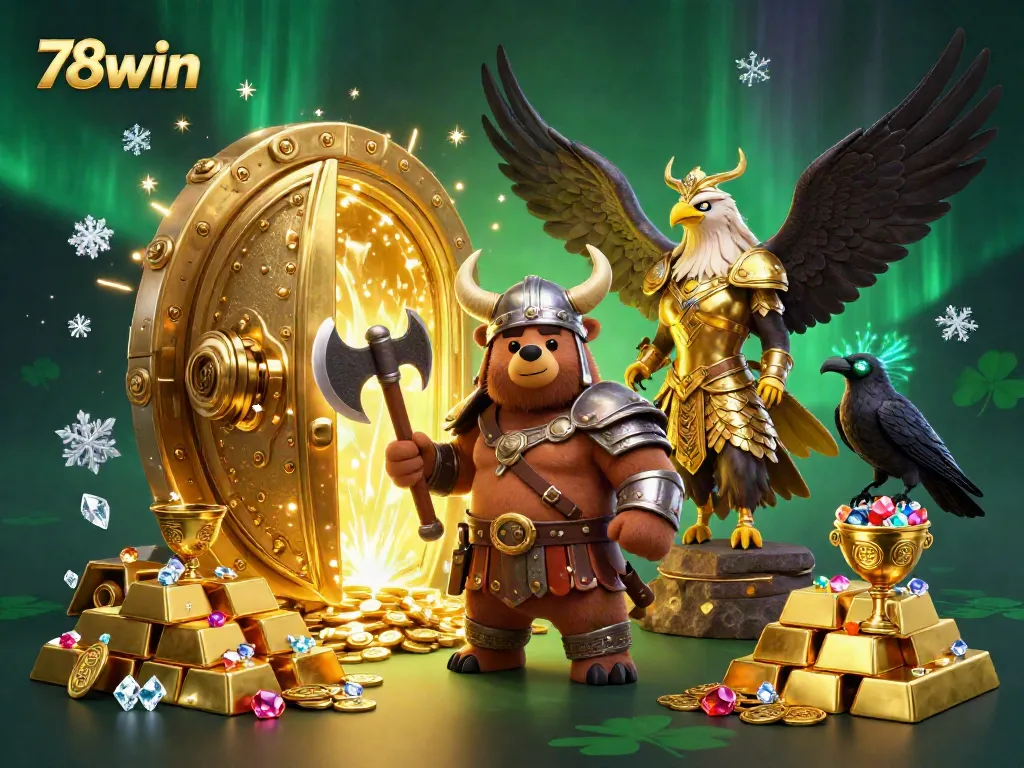Engage with thrilling gameplay at 78win, featuring a Viking bear and Valkyrie amidst treasure and gems.