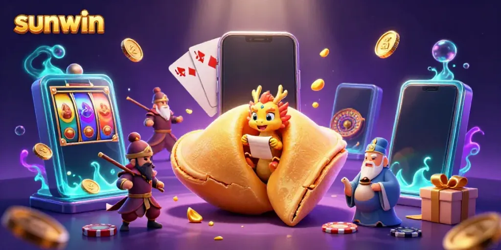Experience thrilling gameplay at sunwin with a captivating scene of fortune cookies, dragons, and slot games.