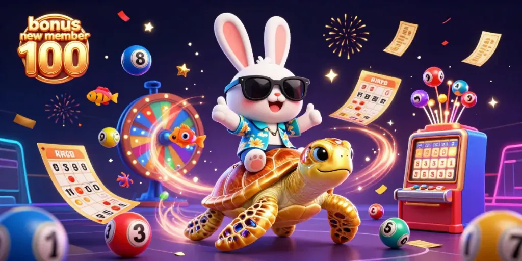 Experience the excitement of bonus new member 100 in this vibrant casino-themed illustration featuring a lucky rabbit and a golden sea turtle.