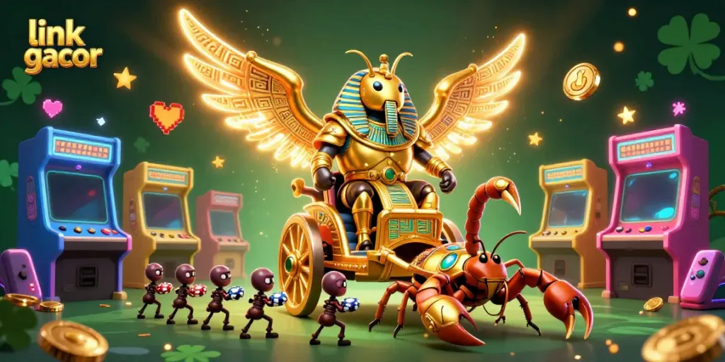 Play engaging games with link gacor while a golden scarab beetle leads the adventure in this vibrant casino illustration.