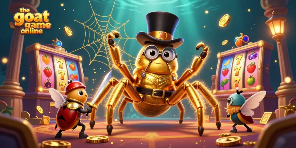 Engage in the goat game online, encountering a golden tarantula amidst vibrant casino elements and characters.
