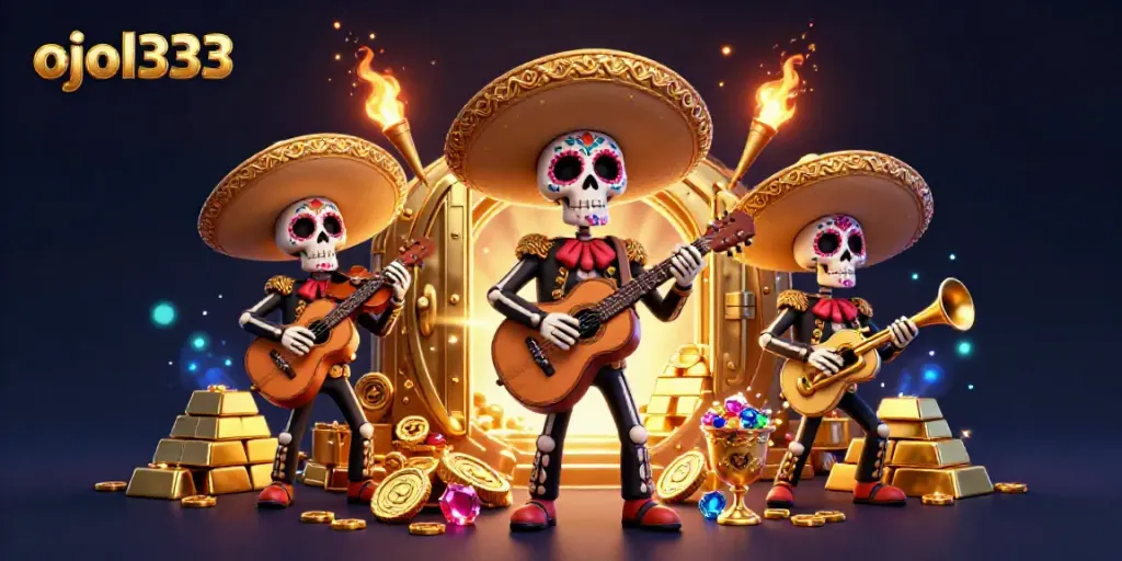 Experience thrilling gameplay with ojol333, featuring vibrant mariachi skeletons and gold treasures