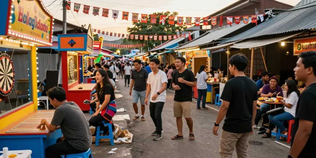 Pengunjung menikmati permainan jagototo di pasar malam yang meriah.