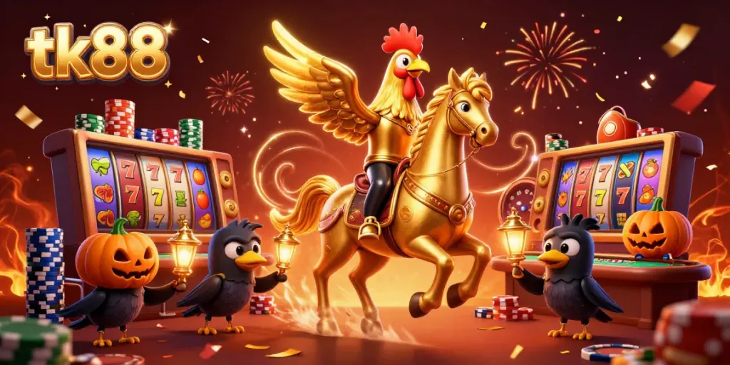Experience the excitement of tk88 with a golden rooster riding a spectral horse in a vibrant casino atmosphere.