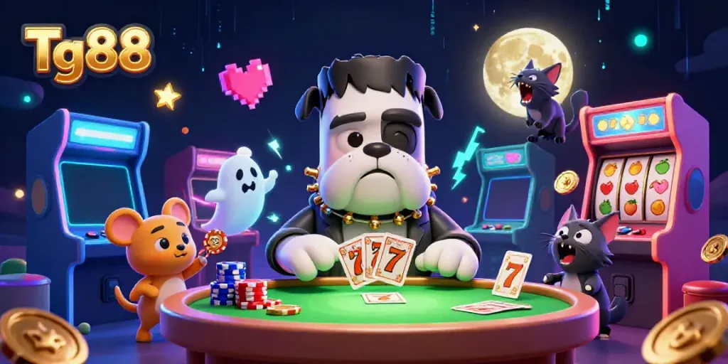 Tg88: Exciting illustrated scene of a Frankenstein bulldog dealing cards in a lively casino environment.
