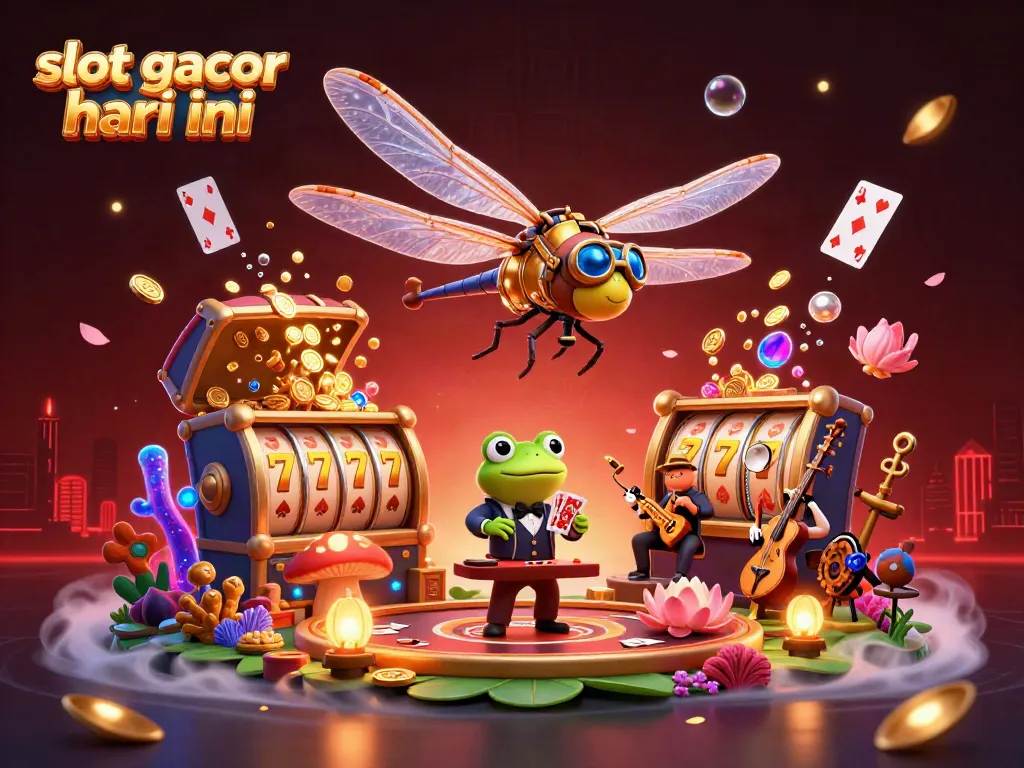 Experience excitement with slot gacor hari ini as a dragonfly helicopter pilot hovers above a lively casino scene.