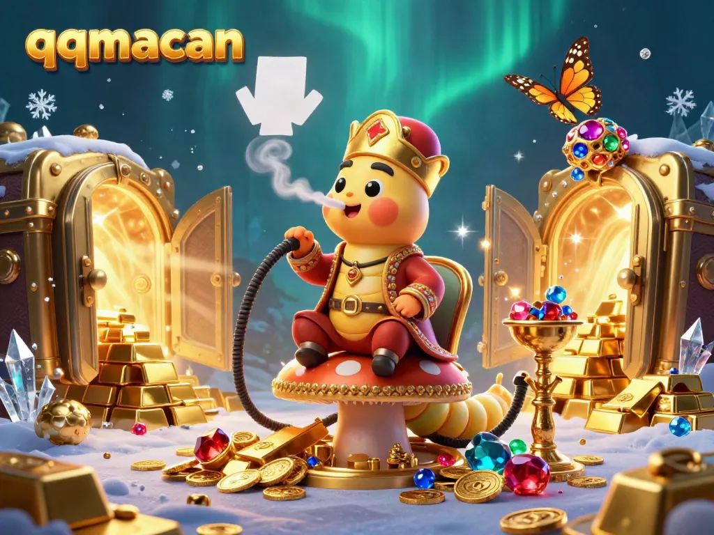 Engage with qqmacan's vibrant online gaming realm featuring a whimsical sultan caterpillar in a treasure-filled casino.