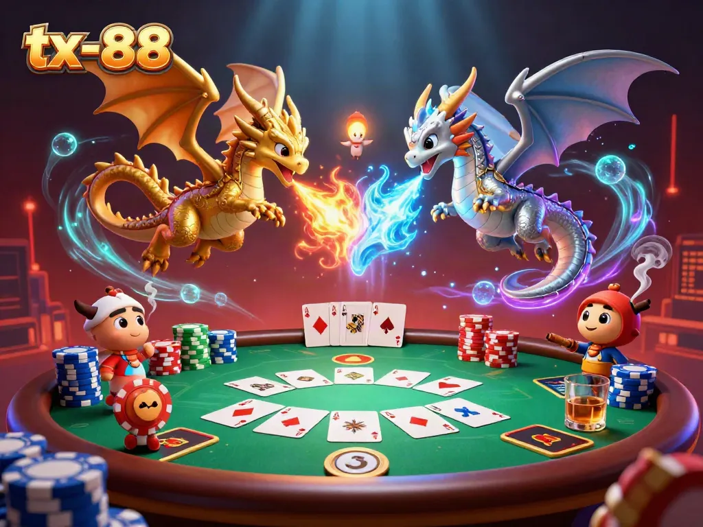Engage in action with tx-88, featuring dynamic dragons and vibrant poker elements in synergy.