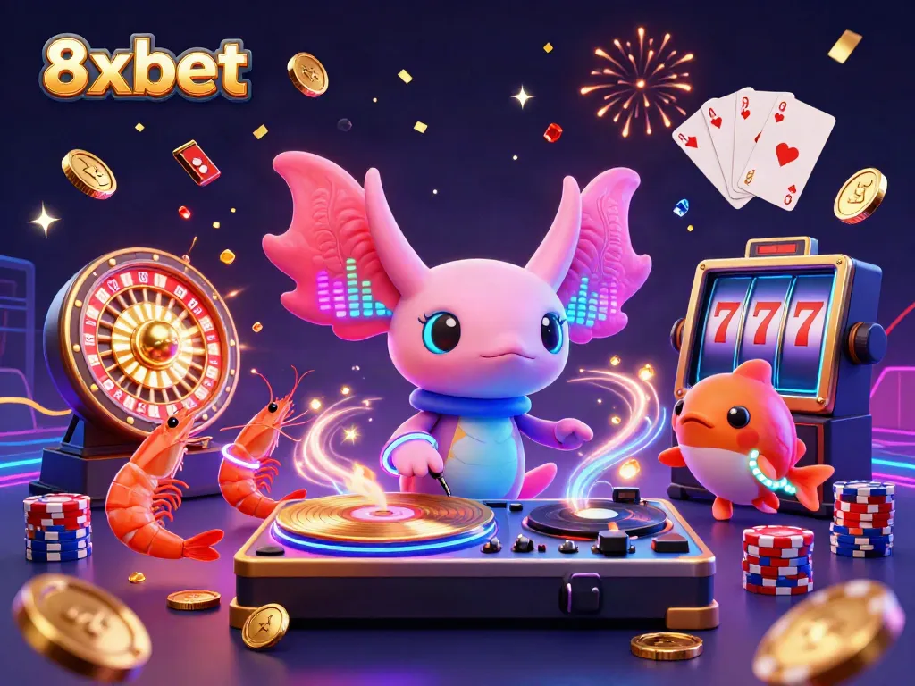 Engage with vibrant gaming energy at 8xbet featuring a DJ axolotl and oceanic dance party.
