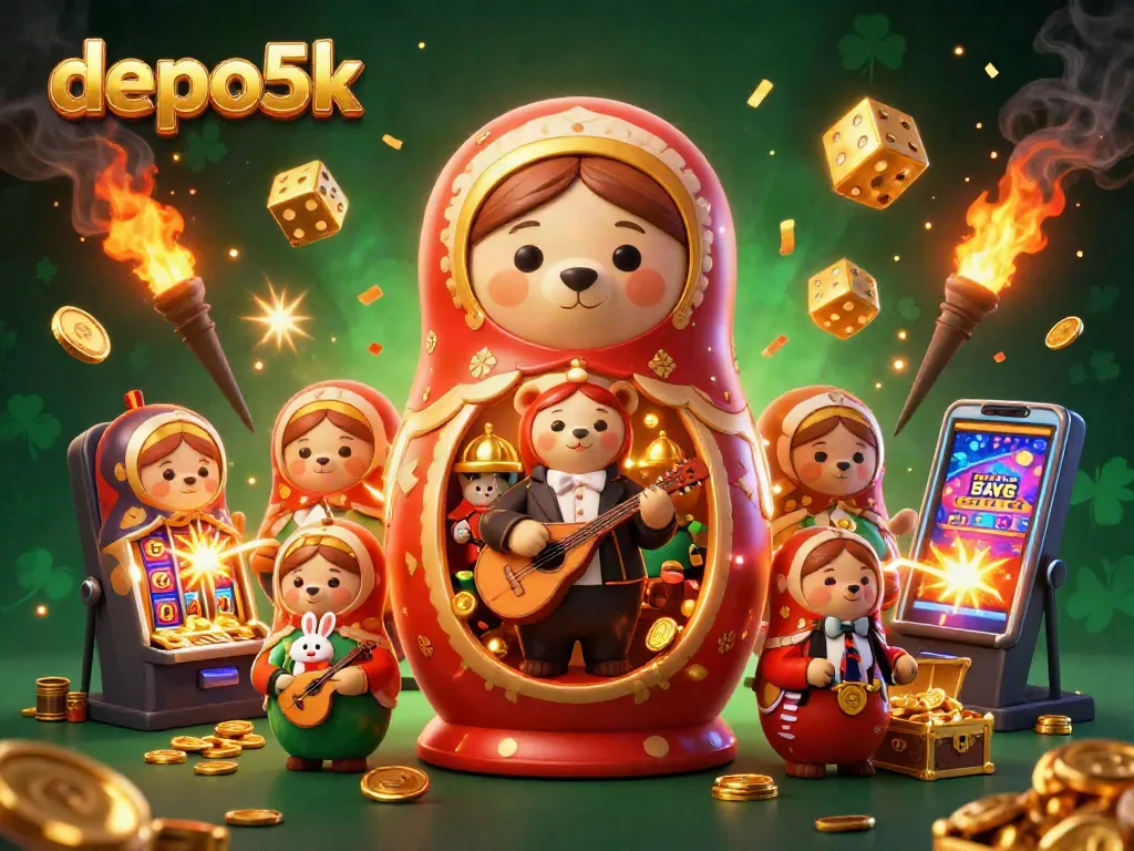 Experience the thrill of depo5k with a vibrant 3D casino scene filled with winning symbols and festive elements.