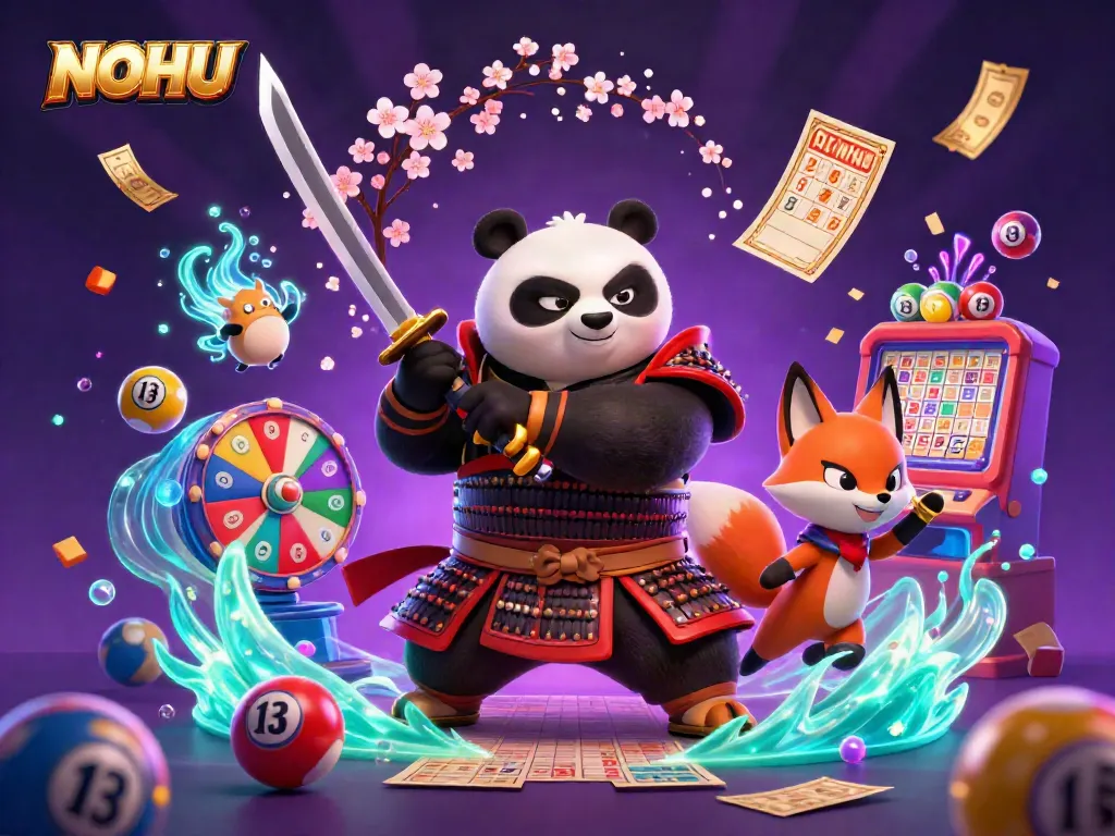NOHU casino promotes vibrant lottery games featuring samurai panda, ninja fox, and magical tanuki.