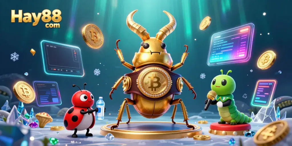 Join the exciting showdown at Hay88 com with a champion beetle and vibrant casino elements.