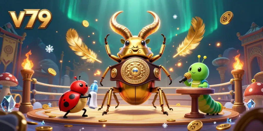 Experience thrilling gaming with v79, featuring a giant stag beetle champion amidst exciting casino elements.
