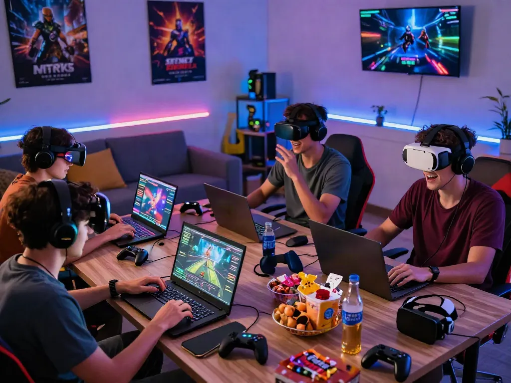 Friends intensely gaming in a vibrant online environment, showcasing akunjp experiences.