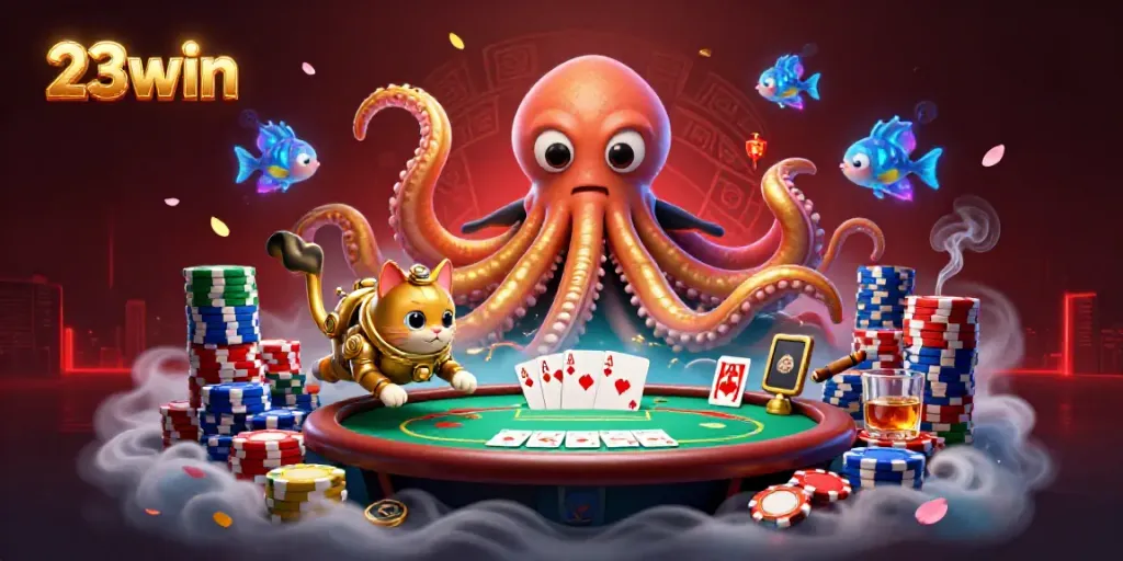 Join the excitement with 23win as the kraken unveils treasures on an interactive casino table.
