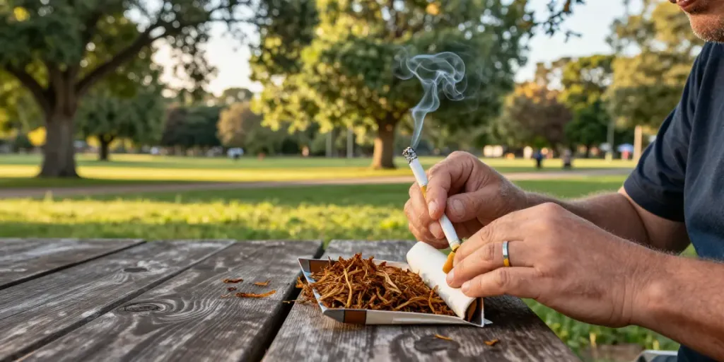 Enjoying budget cigarette and top smokes Australia while rolling tobacco in nature.
