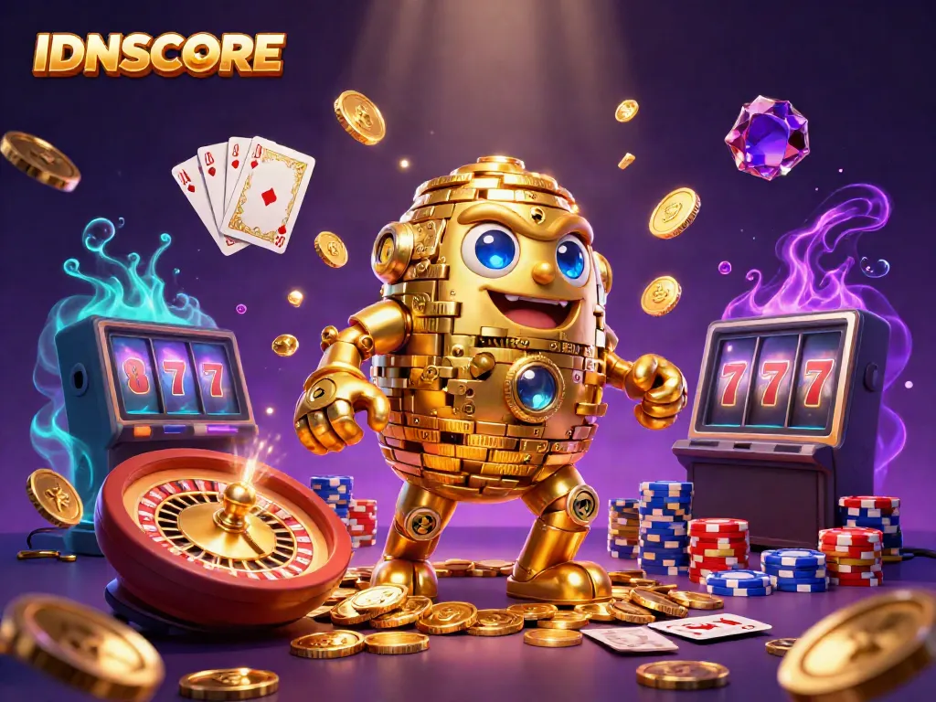 Experience thrilling gameplay with IDNSCORE's vibrant 3D casino illustration featuring golden golems, coins, and more!
