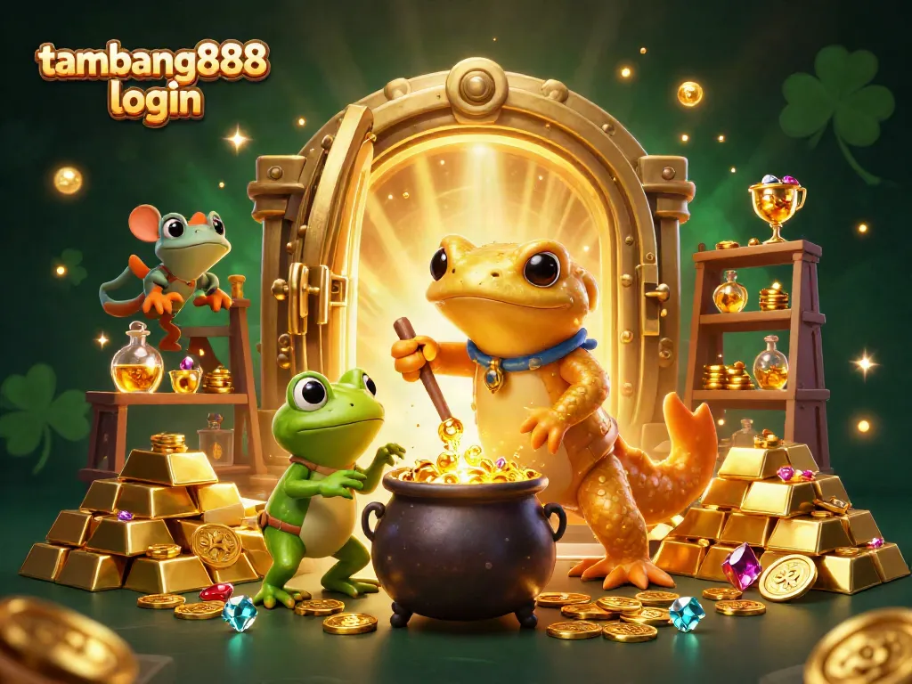 Ilustrasi 3D tambang888 login menampilkan alkemis salamander emas dan permainan kasino yang kaya.
