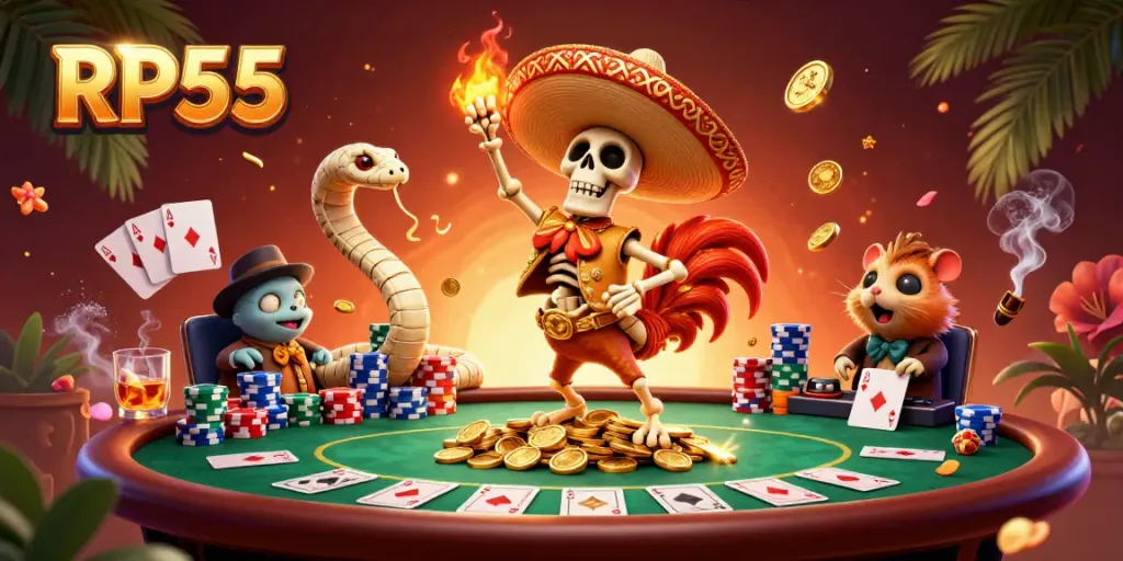 Experience winnings at RP55 with a vibrant scene of animated gambling elements and lively characters.
