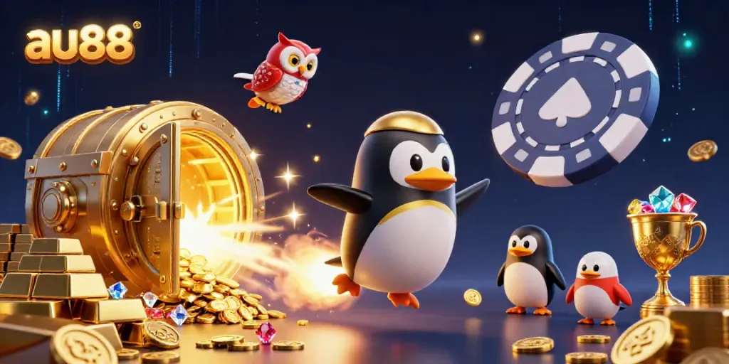 Experience the excitement of au88  with a vibrant casino-themed space scene featuring golden coins and treasures.