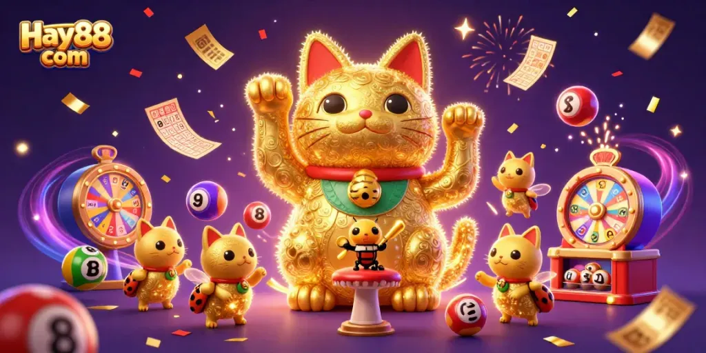 Experience the excitement of Hay88 com with dynamic lottery symbols and a vibrant lucky cat scene.