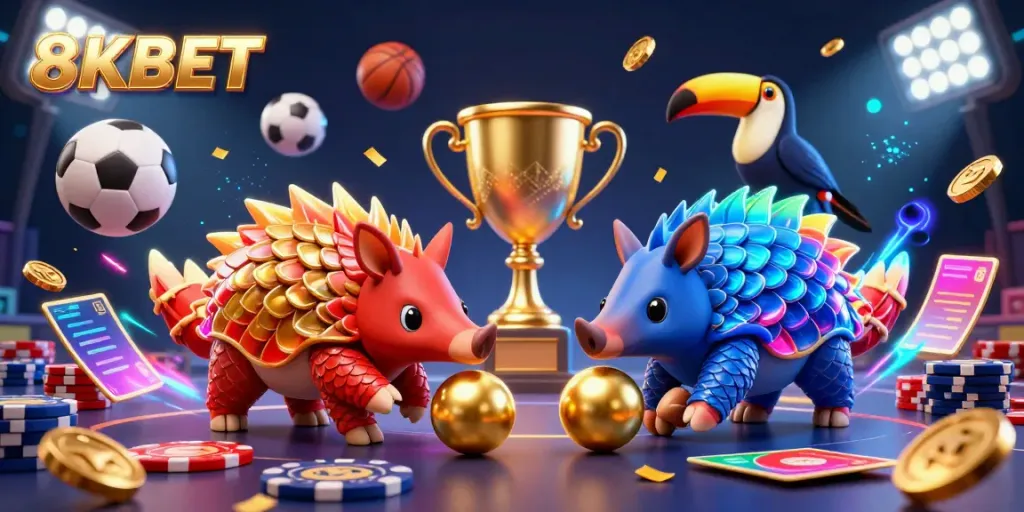 Experience thrilling moments at 8KBET with lively pangolins bowling through poker chips in this vibrant casino scene.