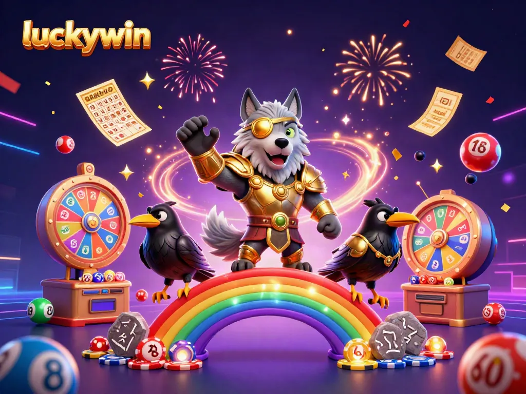 Engage with luckywin's vibrant casino experience surrounded by colorful elements and striking characters.