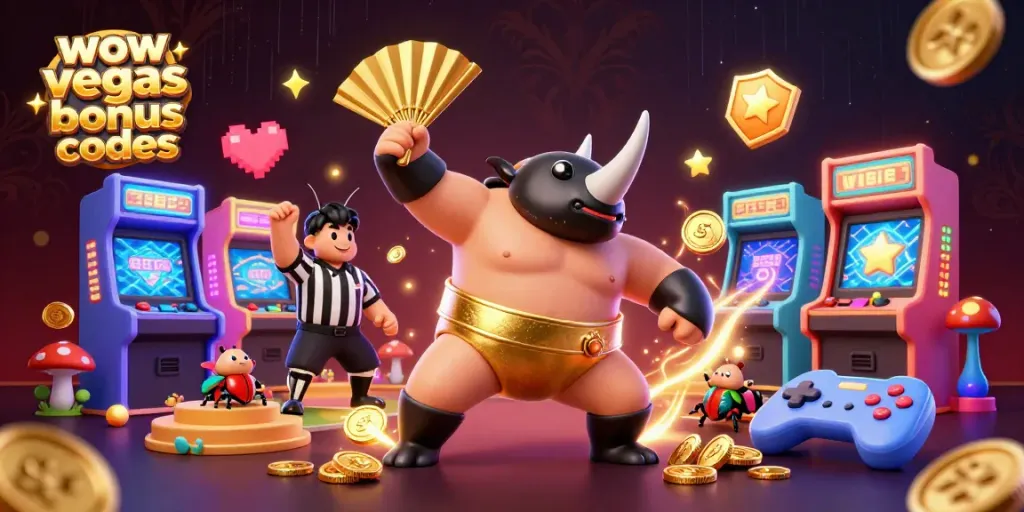 Experience wow vegas bonus codes with a thrilling 3D casino scene featuring vibrant characters and golden coins.