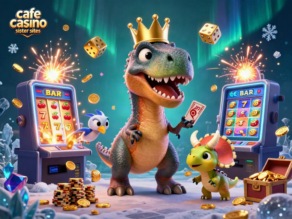 Experience gaming excitement at cafe casino sister sites with a T-Rex shuffling cards in a vibrant casino scene.