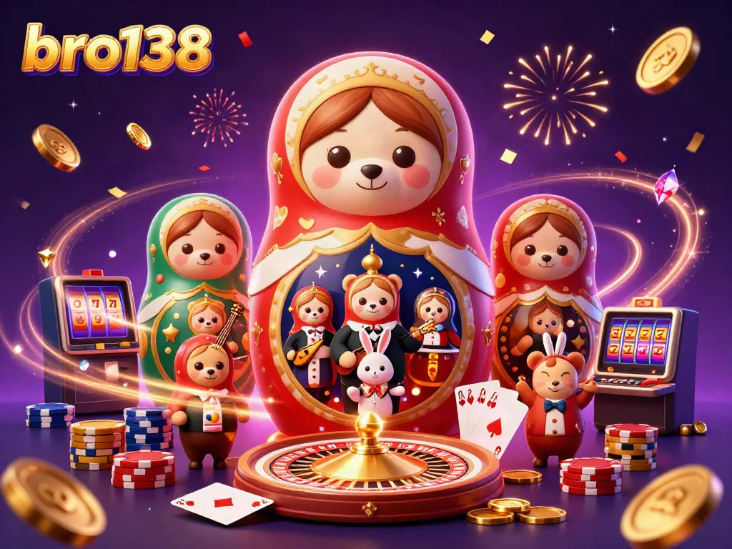 Experience the excitement of bro138 with vibrant casino elements featuring nesting dolls, dealers, and games.