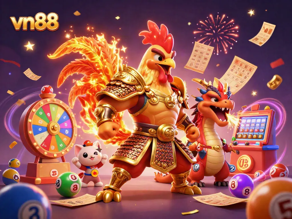 Experience thrilling gameplay at vn88 with a cartoon rooster warrior, dragon hatchling, and vibrant casino elements.