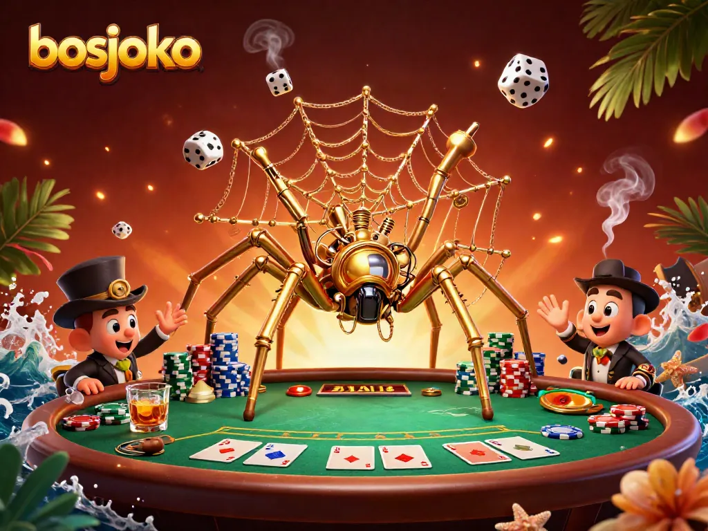 Engage with bosjoko's immersive steampunk casino scene featuring vivid gaming elements.