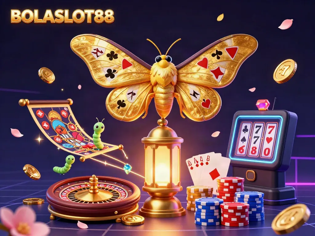 BOLASLOT88 showcases a stunning 3D illustration with vibrant casino elements, including golden coins and sparkling gems.