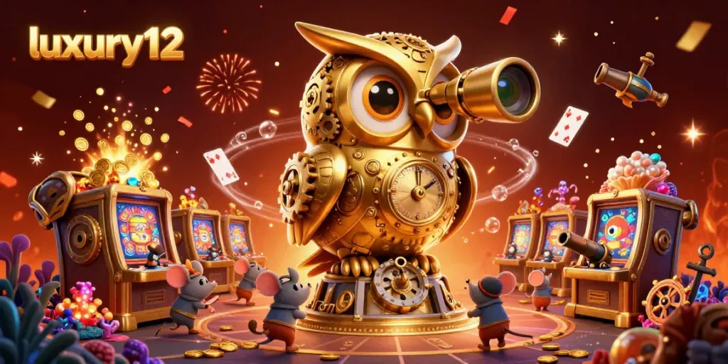 Experience luxury12's extravagant casino scene featuring a whimsical golden owl and lively patrons.