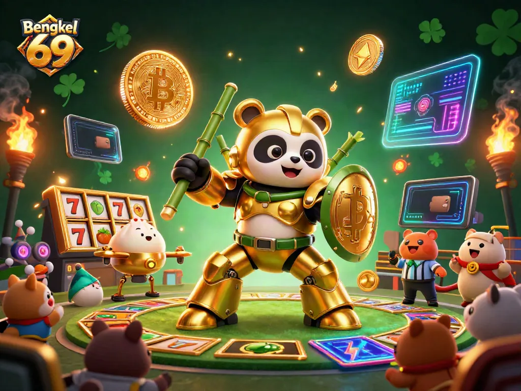 Bengkel 69 showcases an exciting scene with a mech-suit panda engaging in slot gameplay surrounded by vibrant crypto elements.
