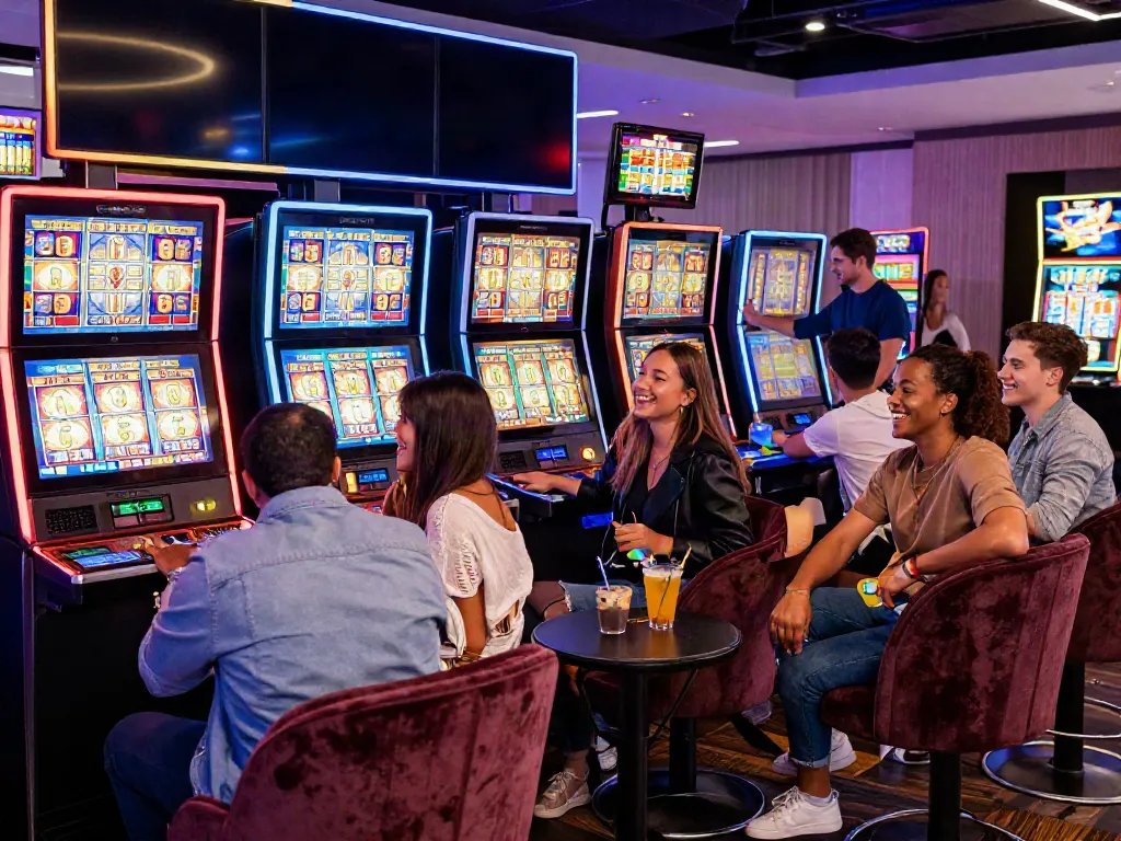 Friends enjoying a slot demo game in a vibrant casino lounge atmosphere, showcasing excitement and engagement.