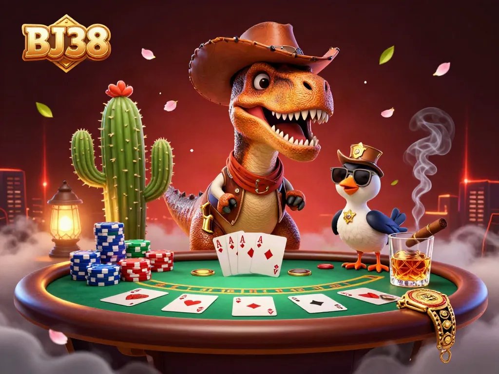 Experience the thrill of BJ38 with a playful 3D casino scene featuring poker elements.