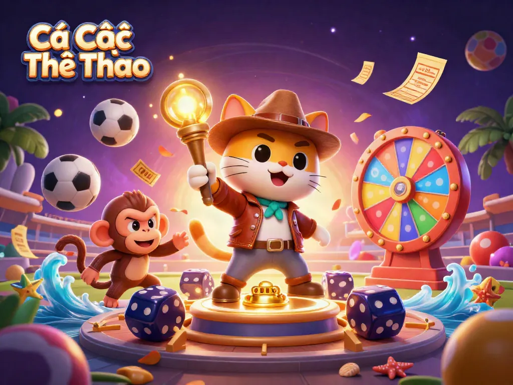 Engage in Cá Cược Thể Thao with a lively illustration of an explorer cat and monkey in a sports betting stadium.