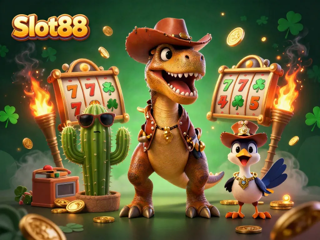 Experience Slot88 with a T-Rex, cactus, and roadrunner amidst dazzling slot reels and gold coins.