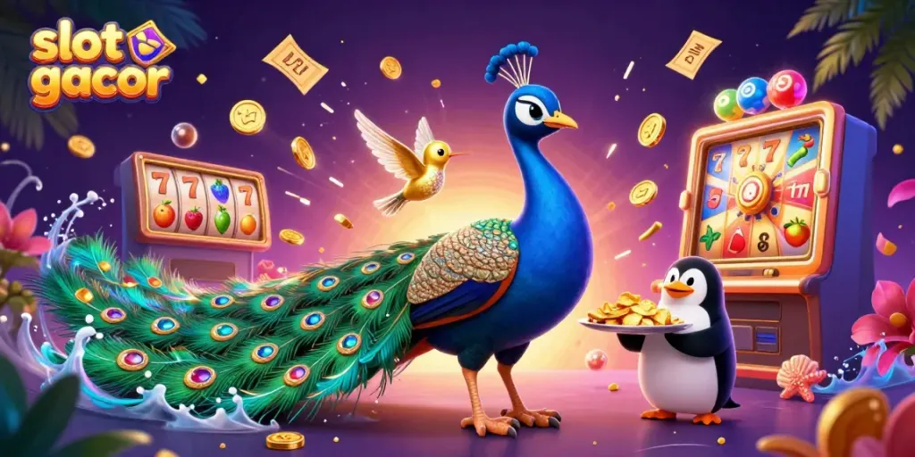 Bermain slot gacor dengan aristokrat merak dan pelayan penguin yang membawa chip emas, lingkungan penuh warna.