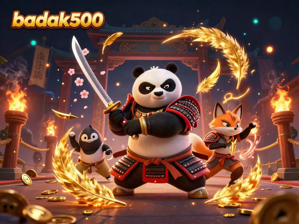 Gambarkan pertarungan seru di arena taruhan badak500 dengan panda samurai dan rubah ninja.