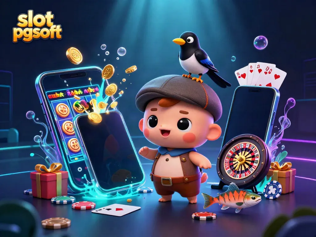 Engage with slot pgsoft as cartoon Nessie navigates a vibrant casino scene filled with games and vibrant colors.