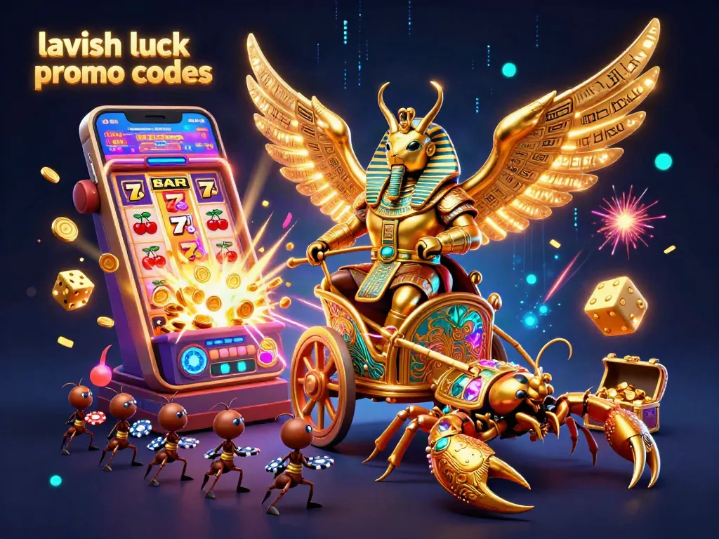 Engage with Lavish Luck promo codes in 3D casino adventure featuring a golden scarab and jackpot excitement.