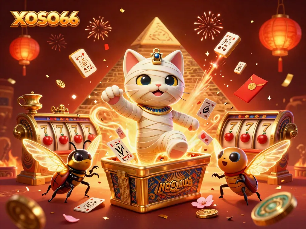 XOSO66 showcases an exciting casino atmosphere with a mummy cat and lottery elements in a vibrant 3D illustration.