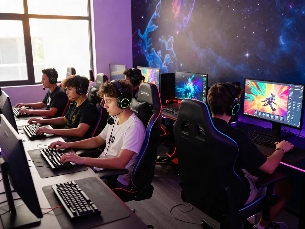 Players engaged in competitive online gaming on Luxury111 with cosmic-themed visuals and vibrant setups.